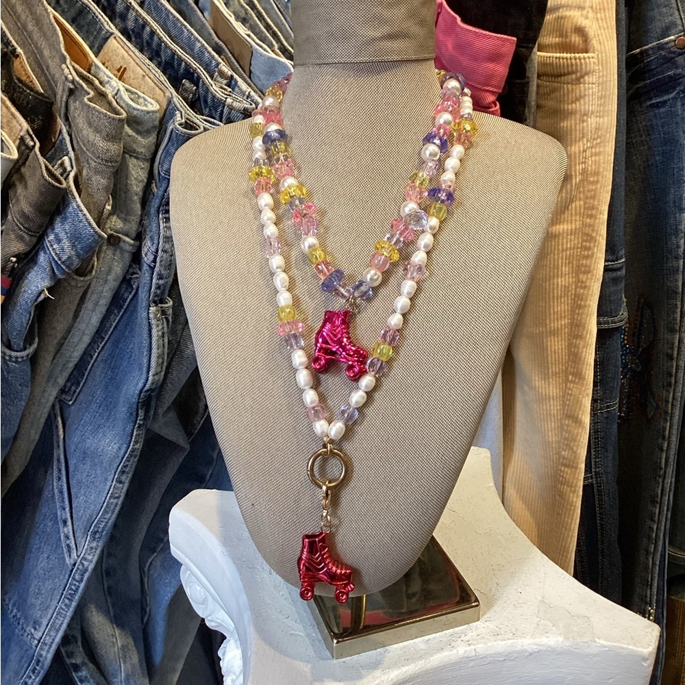 Johma clip Colorful Beaded Necklace with Red Boot Charm